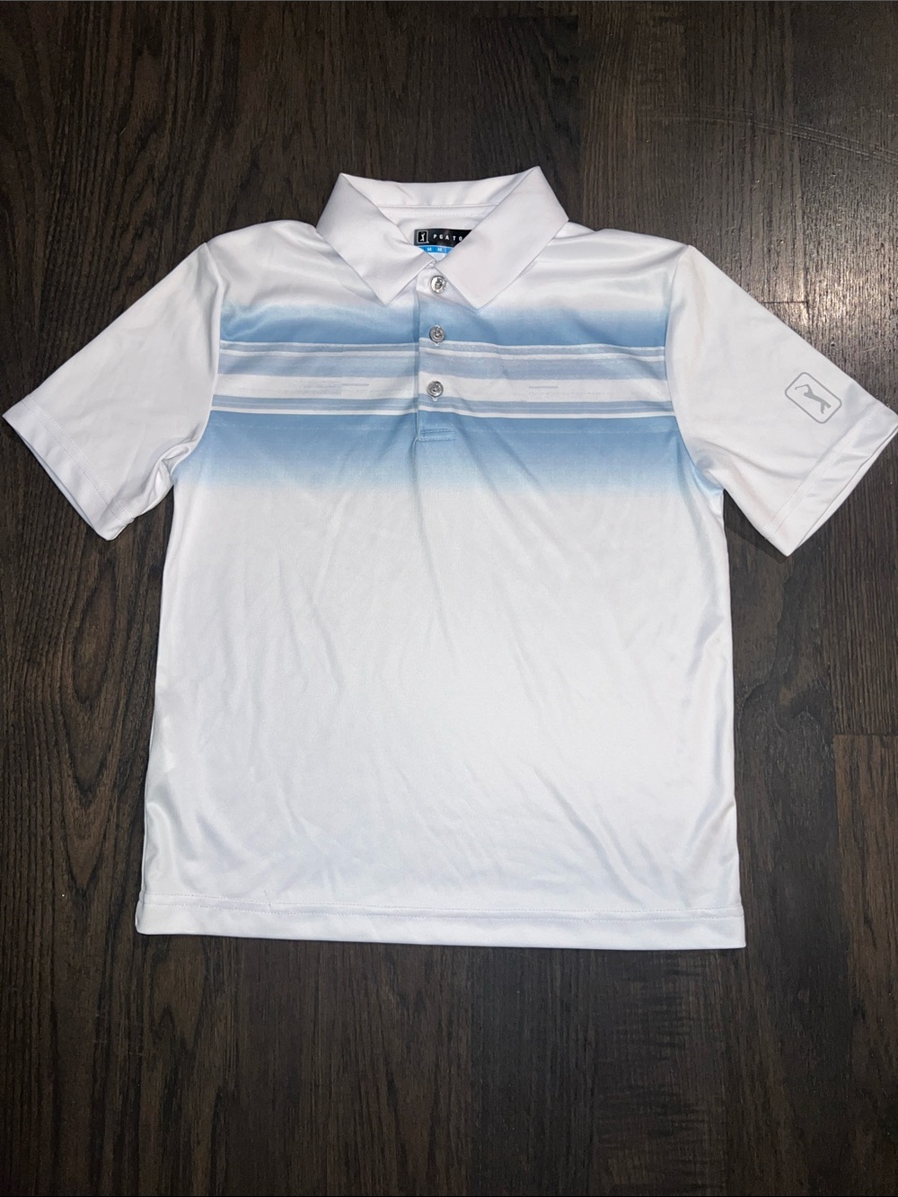 Boy’s PGA Tour ProSeries White & Light Blue Striped Polo Shirt Size M (10/12)